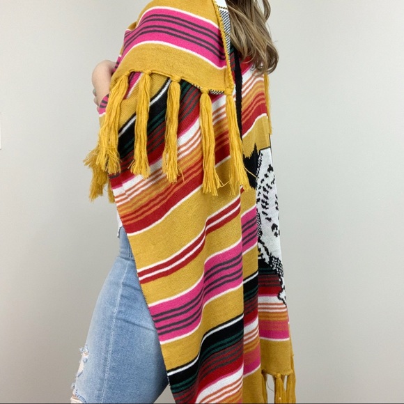 Boho Bull Skull Serape Stripe Poncho Mustard Pink - Picture 7 of 8